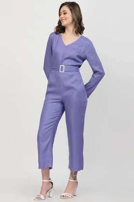 textured full sleeves viscose women's full length jumpsuit - purple