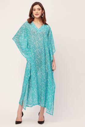 textured georgette v-neck women's casual wear kaftan - turquoise