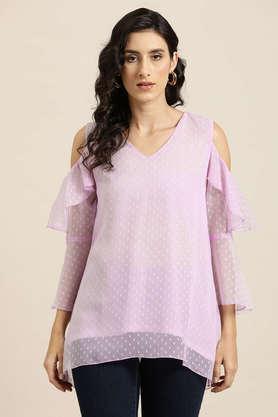 textured georgette v neck women's top - lavender