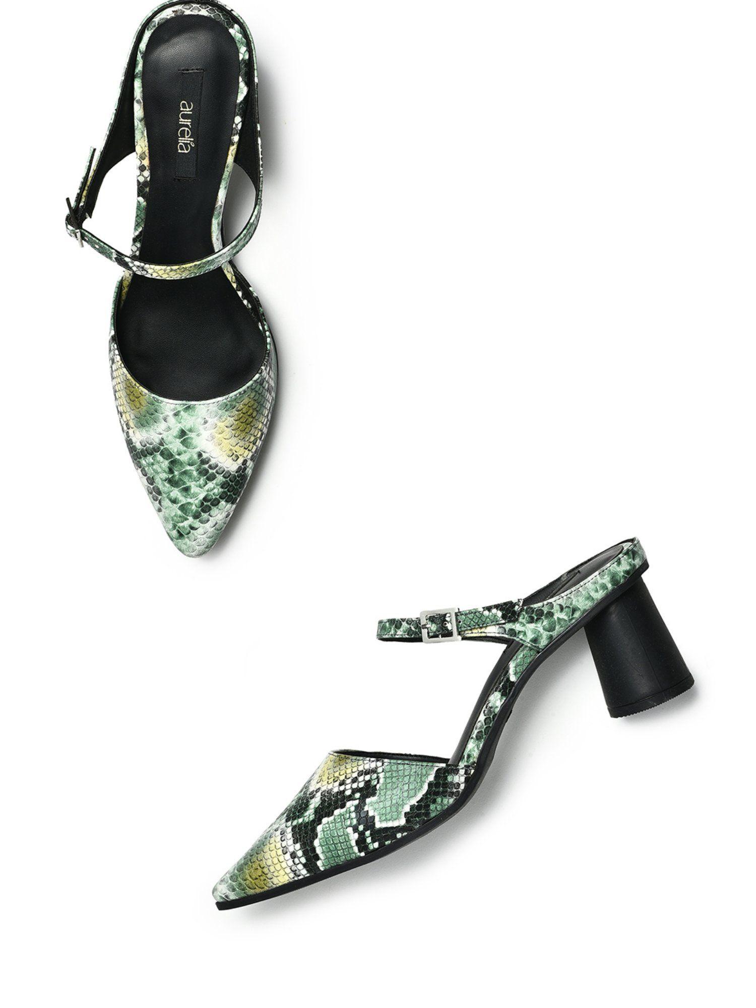 textured green multi pointed toe heels