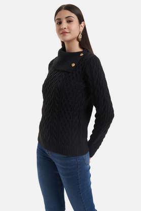 textured high neck acrylic women's party wear pullover - black