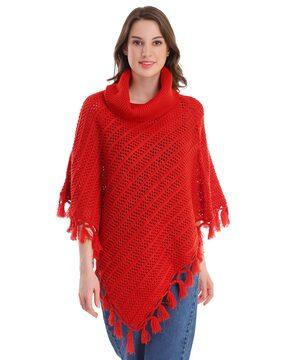 textured high neck poncho with tassels