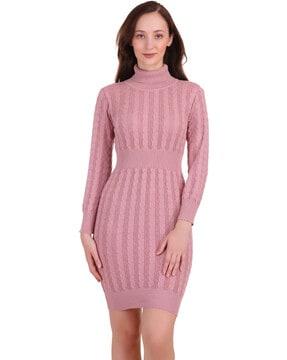 textured high-neck sweater dress with ribbed hems