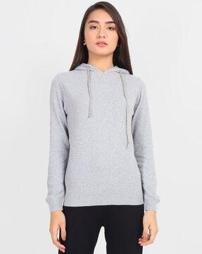 textured hoodie with cuffed sleeves