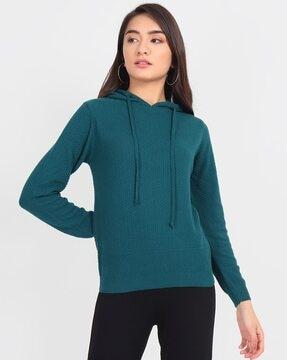 textured hoodie with cuffed sleeves