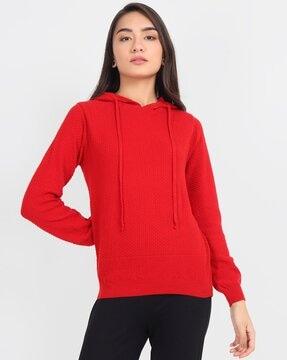 textured hoodie with cuffed sleeves