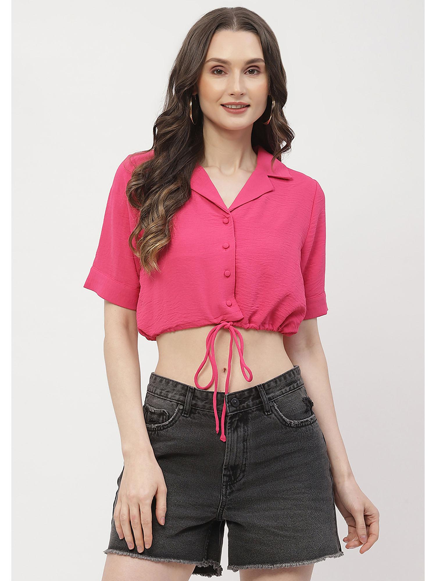 textured hot pink drawstring crop top