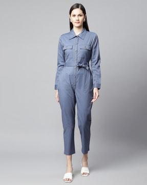 textured jumpsuit with flap pockets