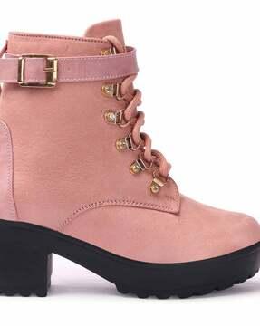 textured lace-up ankle-length heeled boots