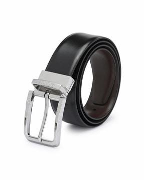 textured leather belt with buckle closure