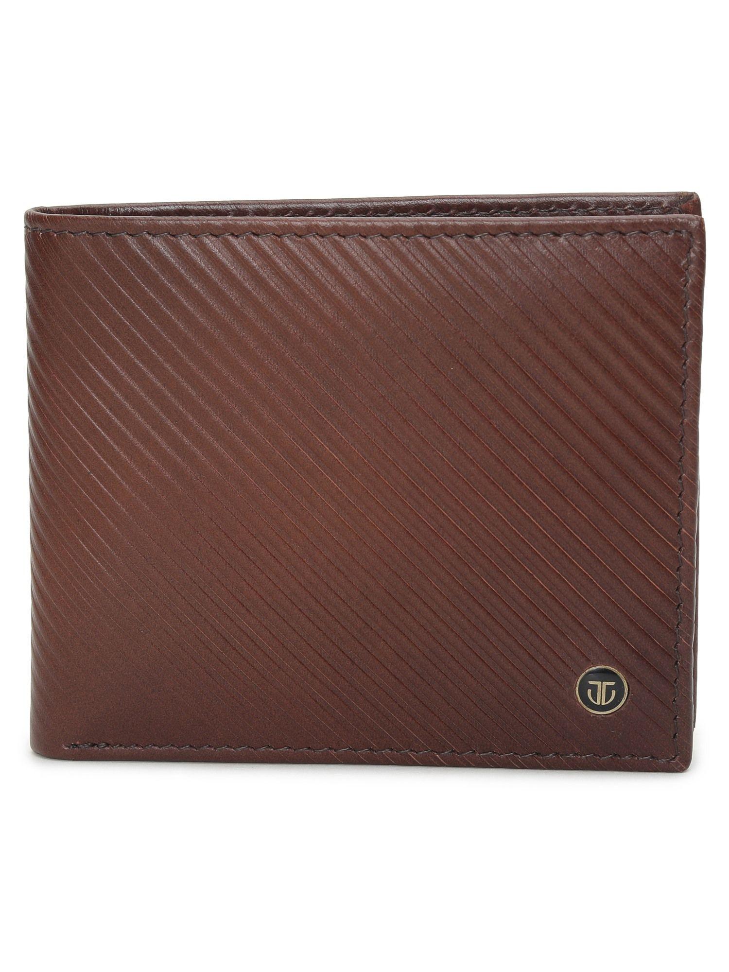 textured leather bifold wallet in color tan