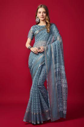 textured linen blend festive wear women's saree - grey