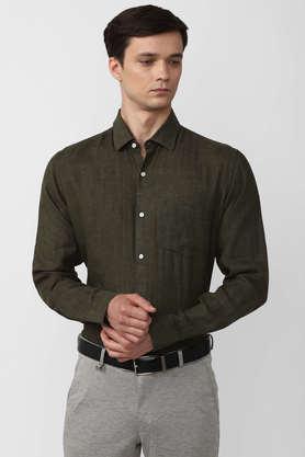 textured linen regular fit men's casual shirt - olive