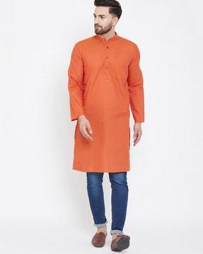 textured long kurta with band collar