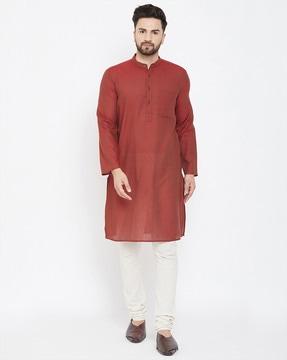 textured long kurta with band collar