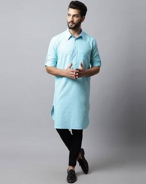 textured long kurta with patch pocket