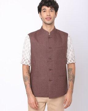 textured nehru jacket with welt pockets