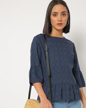 textured peplum top with bell sleeves