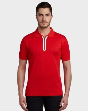 textured polo t-shirt with zip & contrast panel