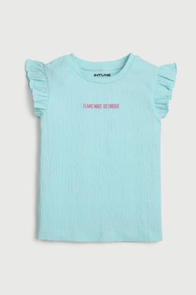 textured poly cotton round neck girls top - aqua