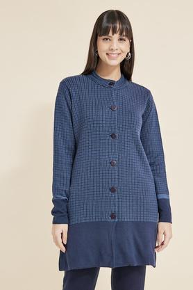 textured polyester blend women's winter wear jacket - navy