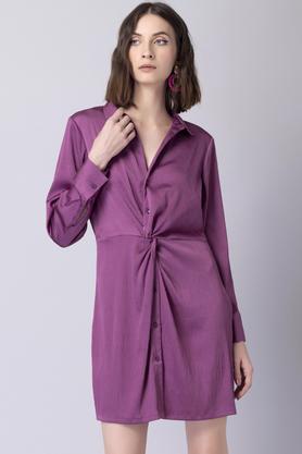 textured polyester collar neck women's mini dress - purple