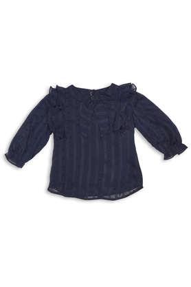 textured polyester collared girls top - navy