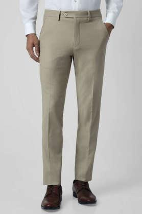 textured polyester cotton slim fit men's casual trousers - natural