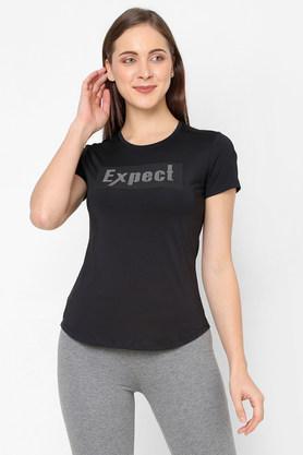 textured polyester crew neck womens t-shirt - black