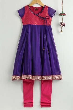 textured polyester full length girls clothing set - purple
