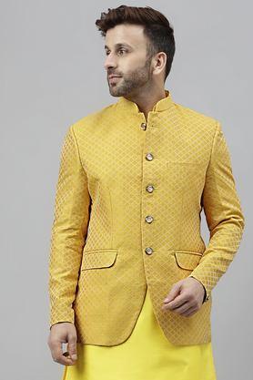 textured polyester regular fit men's blazer - yellow