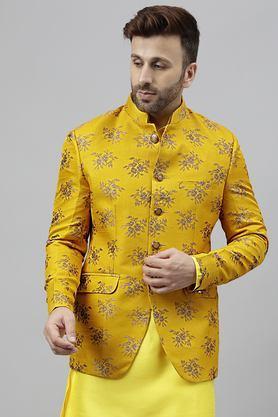 textured polyester regular fit men's blazer - yellow