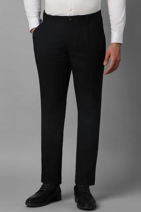 textured polyester regular fit men's formal trousers - black