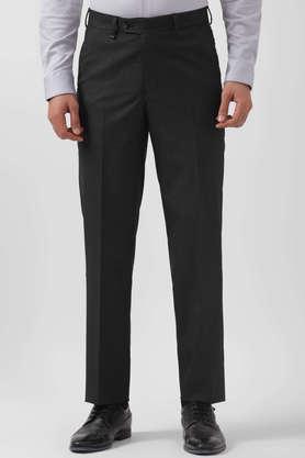textured polyester regular fit men's formal trousers - black