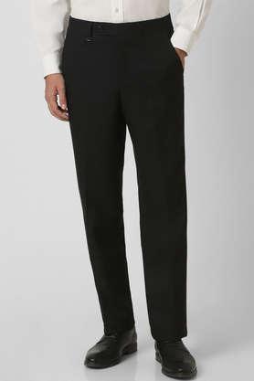 textured polyester regular fit men's formal wear trousers - black
