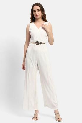 textured polyester regular fit women's jumpsuit - white