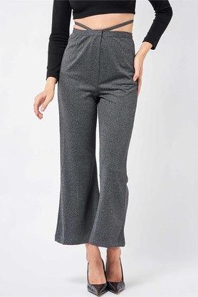 textured polyester regular fit womens boot cut pants - grey