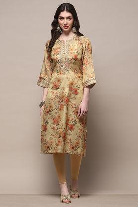 textured polyester round neck women's festive wear kurta - natural