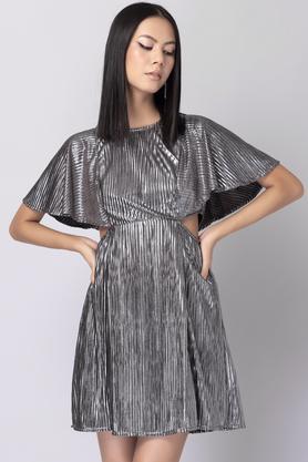 textured polyester round neck women's mini dress - grey