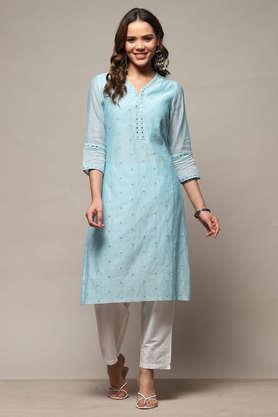 textured polyester round neck women's party wear kurta - blue