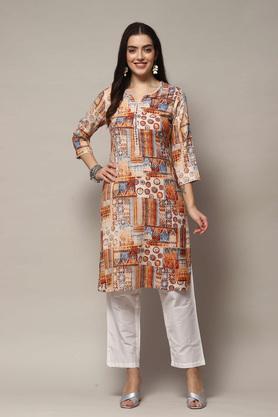 textured polyester round neck women's party wear kurta - ecru