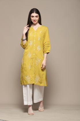 textured polyester round neck women's party wear kurta - lime green