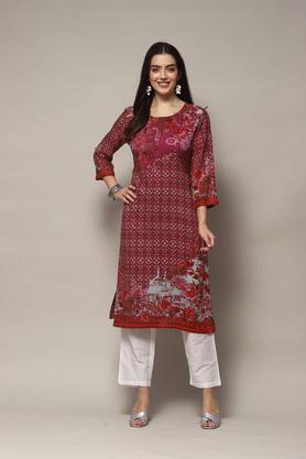 textured polyester round neck women's party wear kurta - plum