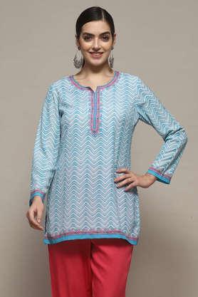 textured polyester round neck women's party wear kurti - dark blue