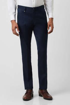 textured polyester skinny fit men's formal trousers - navy