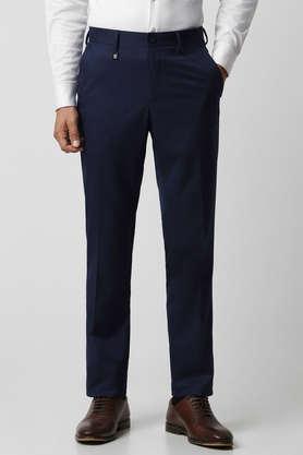 textured polyester skinny fit men's formal wear trousers - navy