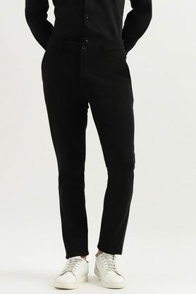 textured polyester slim fit men's casual trousers - black