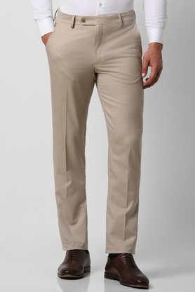textured polyester slim fit men's formal trousers - natural