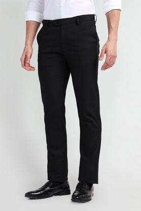 textured polyester slim fit men's trousers - black