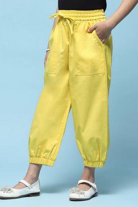 textured polyester straight fit girls trousers - yellow